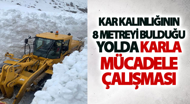 Kar kalınlığının 8 metreyi bulduğu yolda karla mücadele çalışması